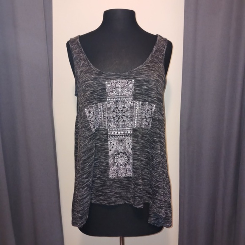 Self Esteem Y2K Bling Rhinestone‎ Charcoal Grey Space Dye Cross Tank Top Large